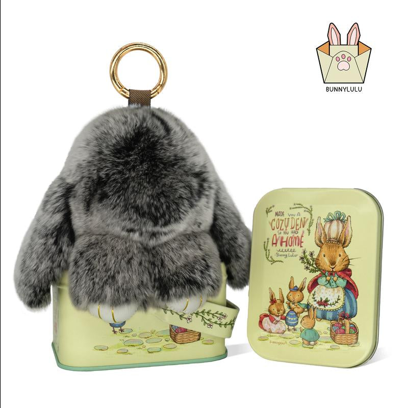 Bunnylulu Handmade Fluffy Bunny Pompom Keychain with Designed Tin Box, – Cute Eater Basket Gift, Travel Accessory & Birthday Present for Girls & Women