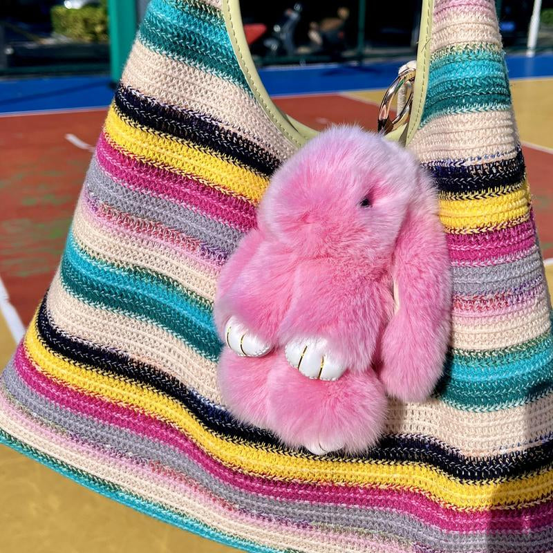 Bunnylulu Handmade Fluffy Bunny Pompom Keychain with Designed Tin Box, – Cute Eater Basket Gift, Travel Accessory & Birthday Present for Girls & Women
