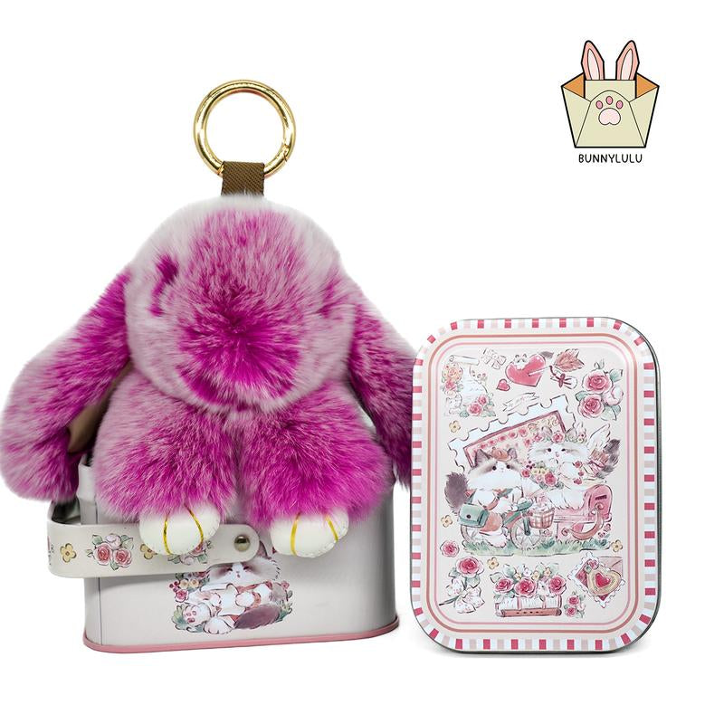 Bunnylulu Handmade Fluffy Bunny Pompom Keychain with Designed Tin Box, – Cute Eater Basket Gift, Travel Accessory & Birthday Present for Girls & Women
