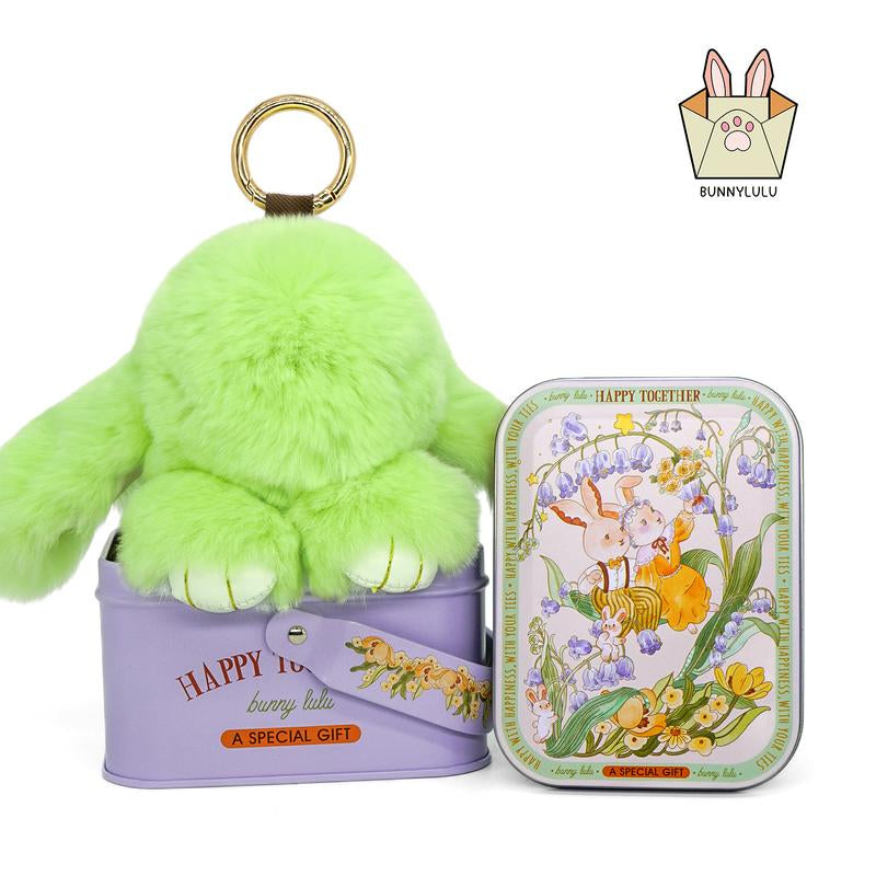 Bunnylulu Handmade Fluffy Bunny Pompom Keychain with Designed Tin Box, – Cute Eater Basket Gift, Travel Accessory & Birthday Present for Girls & Women